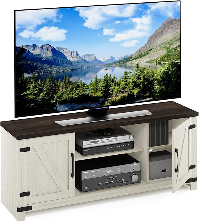 Furinno Jensen Farmhouse Barn Door Living Room TV Stand with Storage Cabinets for TV up to 70 Inch Ebony/White Wash