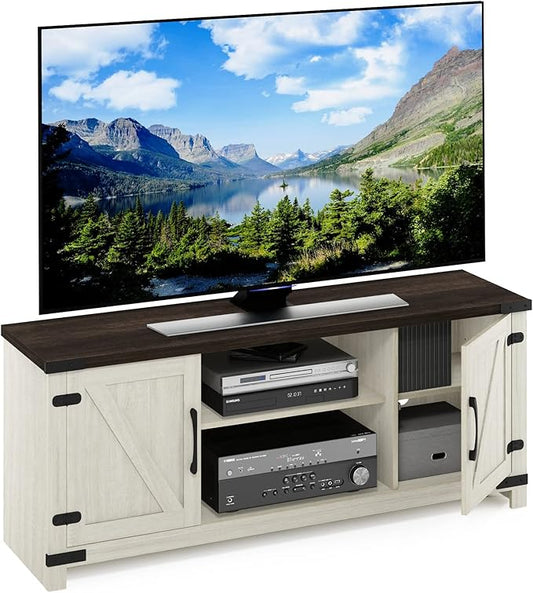 Furinno Jensen Farmhouse Barn Door Living Room TV Stand with Storage Cabinets for TV up to 70 Inch Ebony/White Wash