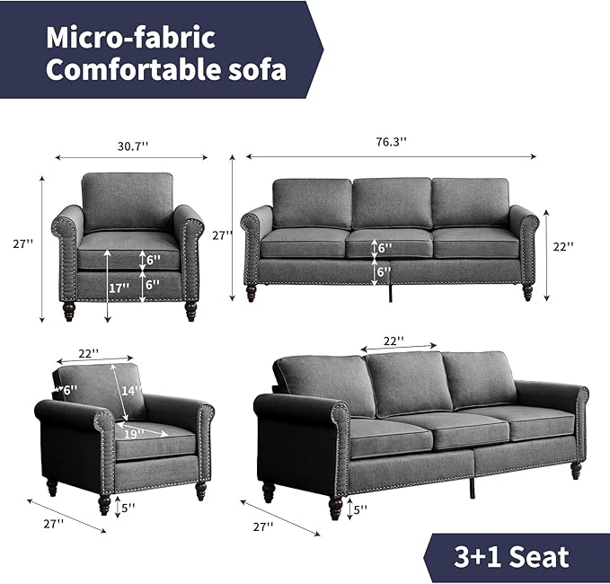 2 Piece Living Room Sofa Set 3 Seat Sofa and Armchair Sets Modular Sectional Couch Furniture Sets Gourd Shapes Wood Legs Sofas Couches for Living Room/Bedroom/Home/Apartment - Dark Grey