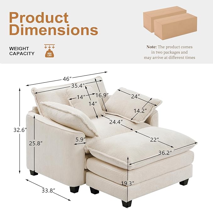Furniliving Oversized Accent Chair with Ottoman Luxury Corduroy Single Sofa Upholstered Deep Seat Chaise Lounge with Pillows for Living Room Bedroom Apartment Beige