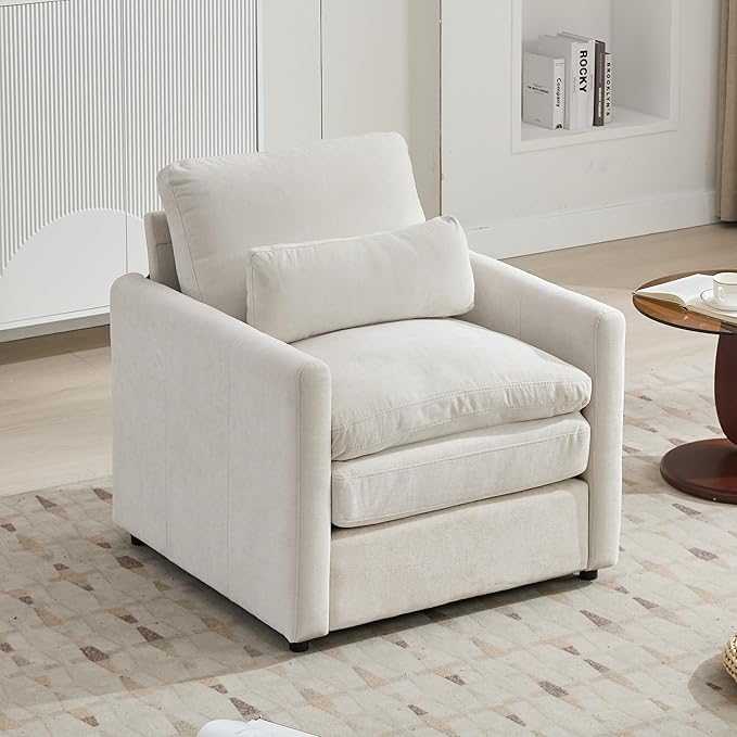 31.9 Oversized Cozy Upholstered Armchair Chenille Fabric Cloud Sofa Double Cushion Single Sofa Plush Cushion Armchair for Living Room Office Apartment (Beige-1c)
