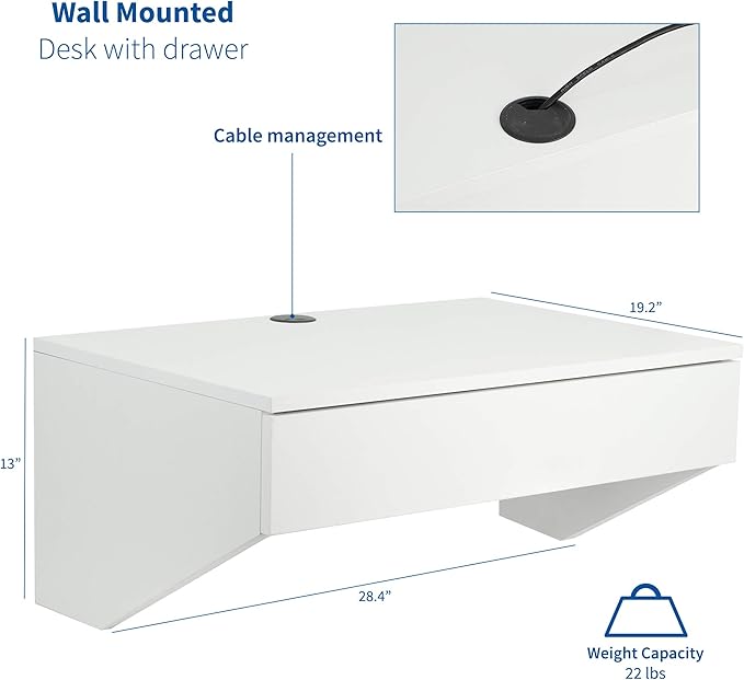 VIVO White Wall Mounted Desk with 28 inch Surface and Pull Out Drawer Floating Wall Organizer Under Storage Workstation DESK-SF01W
