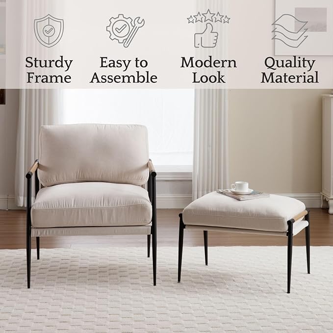 LukeAlon Mid-Century Chenille Accent Chairs with Ottoman Set of 2 Soft Living Room Chairs with Metal Legs Modern Upholstered Armchairs Lounge Chair with Footstool for Bedroom Reading Room Beige
