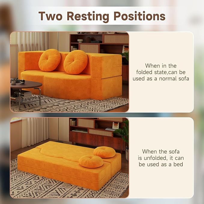 2-in-1 Full Size Convertible Floor Sleeper Couch Sofa Bed78”Folding Boneless Large Futon Loveseat Sofa with 2 Pillows Foam-Filled Compression Guest Couches Bed for Living Room (Yellow)