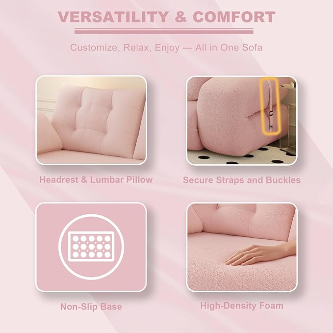 78.7 King Foldable Sofa Bed Lazy Sofa Couch 3-in-1 Multi-Functional Sleeper Sofa Bed Teddy Futon Sofa Floor Loveseat Sofa Human Dog Bed Bean Bag Lounge Recliner for Living Room Pink