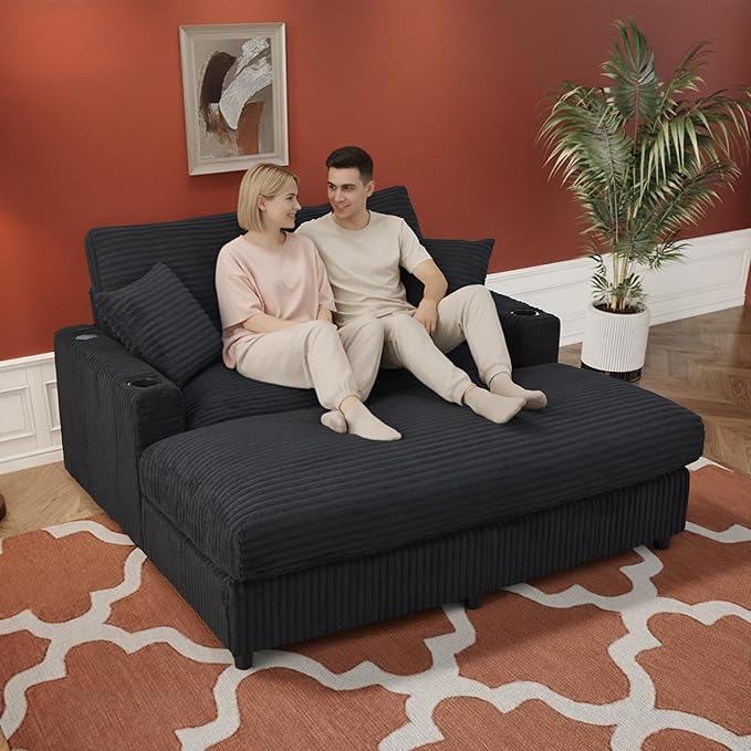 65 Oversized Chaise Lounge Chair Indoor Upholstered Sofa Bed with Pillows &amp 2 Cup Holders Sleeper Couch Comfy Corduroy Recliner Chair for Living Room Movie Room Bedroom Black