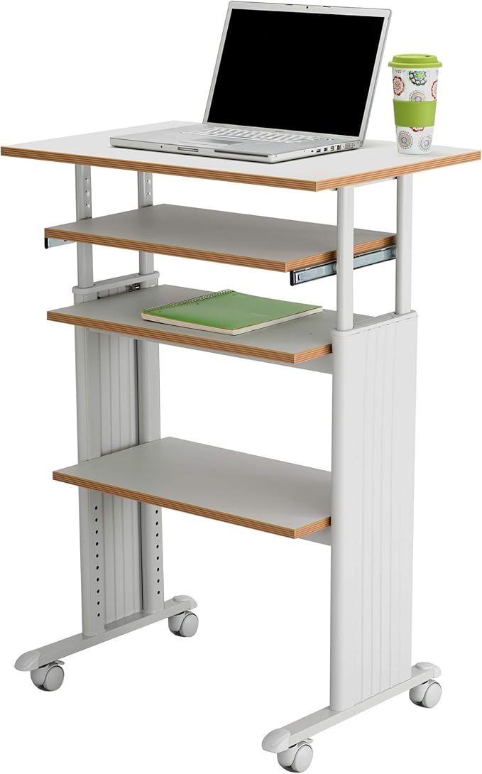 Safco Muv Adjustable-Height Desk with Keyboard Shelf Steel Frame Laminate Work Surface Mobile on 4 Wheels Powder Coat Finish - Office Desks &amp Workstations