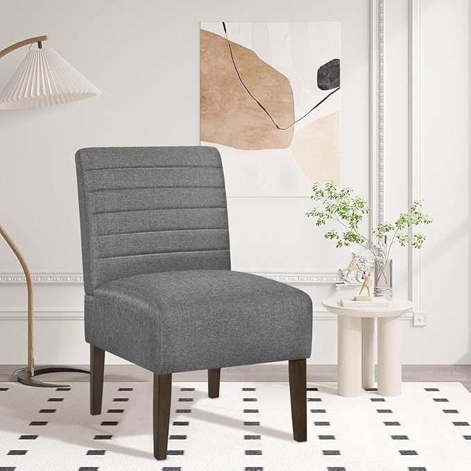 Slipper Accent Chair Modern Armless Lounge Chair with Wood Legs Upholstered Makeup Vanity Tufted Side Chair Fabric Comfy with Decor Back for Living Room Bedroom Patio (Horizontal Back Grey)