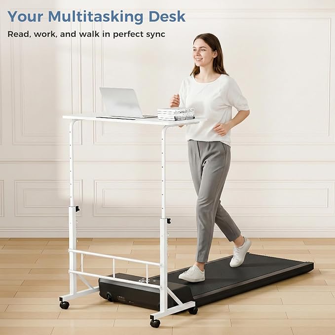 DUMOS 31.5 Adjustable Height Mobile Desk with Locking Wheels &amp Pin-Lock Portable Workstation for Walking Pad &amp Active Home Office White
