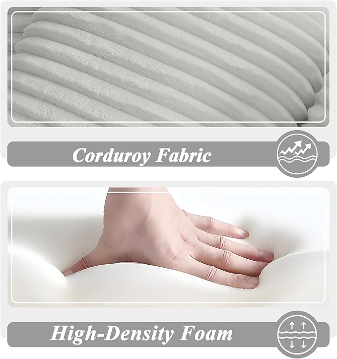 67 Inch Boneless Couch Oversized Chaise Lounge Sofa Corduroy Chaise Lounge Chair Indoor with Comfy Pillows for Living Room Bedroom Foam Filling No Assembly (Light Grey)