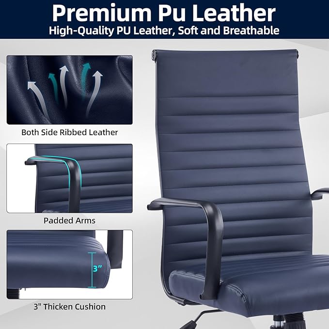 Office Chair Ergonomic Executive Conference Room Chairs Ribbed Leather Desk Chair with Lumbar Support Adjustable Height Mid-Back Swivel Chair with Padded Seat