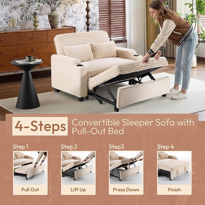 VINGLI Beige Futon Sofa Bed Convertible Loveseat Sleeper Sofa Couch Corduroy Pullout Sofa Fold Out Couch Bed with USB Ports Cup Holders Armrest for Living Room Bedroom Apartment Room | Loveseat Sl