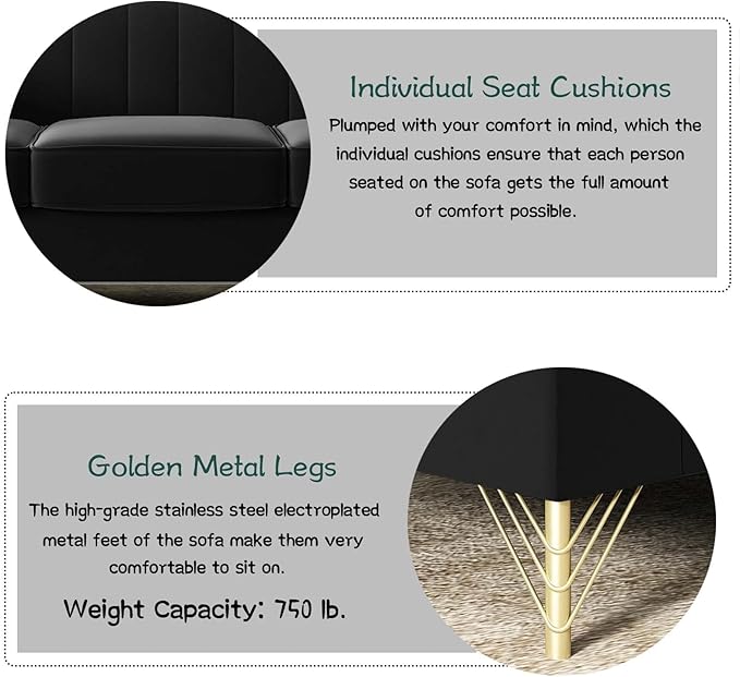 Tomkate 83 Black Velvet Chesterfield Sofa Mid-Century Modern Tufted 3-Seater Couch with Flared Arms Removable Cushions &amp Gold Metal Legs for Living Room (Black)