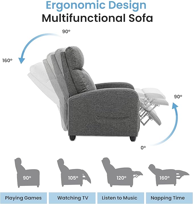 Simple Deluxe Recliner Chair - Adjustable Push Back Fabric Recliner Perfect Reading Chair &amp Sofa Chair for Living Room Chairs or Bedroom Chair Single Recliner for Home Theater Grey