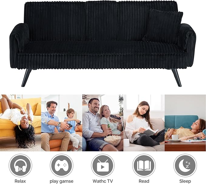 Futon Sofa Bed Modern Folding Couch for Small Space 72'' Corduroy Convertible Loveseat Sleeper Bed Daybed Recliner Lounge Sofas for Living Room2 Cup HoldersMetal LegsRemovable Armrests (Black I)