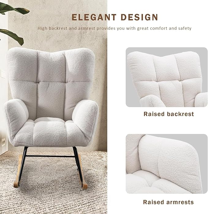 Swinging Chair Daycare Teddy Cushion high backrest Gliding Joystick Reading Chair Modern Swinging Accent Chair Gliding Lounge Chair Suitable for Living Room Daycare Bedroom (Ivory)