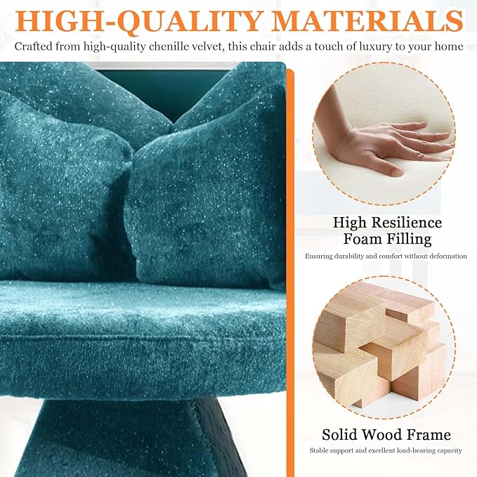 360° Swivel Vanity Chair with Back and PillowChenille Comfy Makeup Chairs for VanityBlue Modern Desk Chair No Wheels for BedroomLiving Room (Blue)