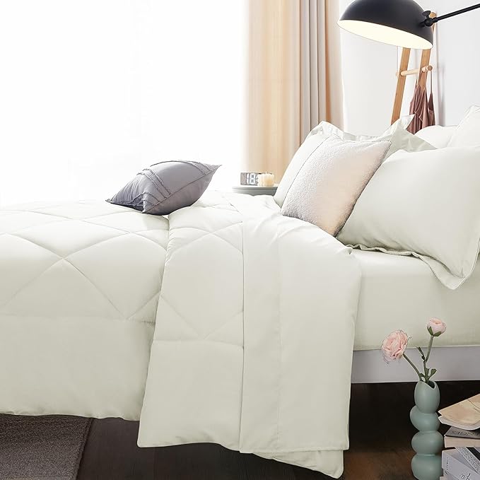 CozyLux King Size Comforter Set Ivory - 7 Pieces Bed in a Bag King Luxury Soft Bed Set for All Seasons Bedding Set with Down Alternative Comforter Sheets Pillowcases &amp Shams