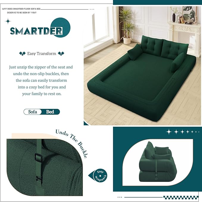 Convertible Sofa Bed with Folding Mattress Oversized Human Dog Bed 3-in-1 Sleeper Couch with Pillows and Thick Armrests 78.7 King Size Floor Sofa for Living Room Bedroom Guest Room Green Teddy