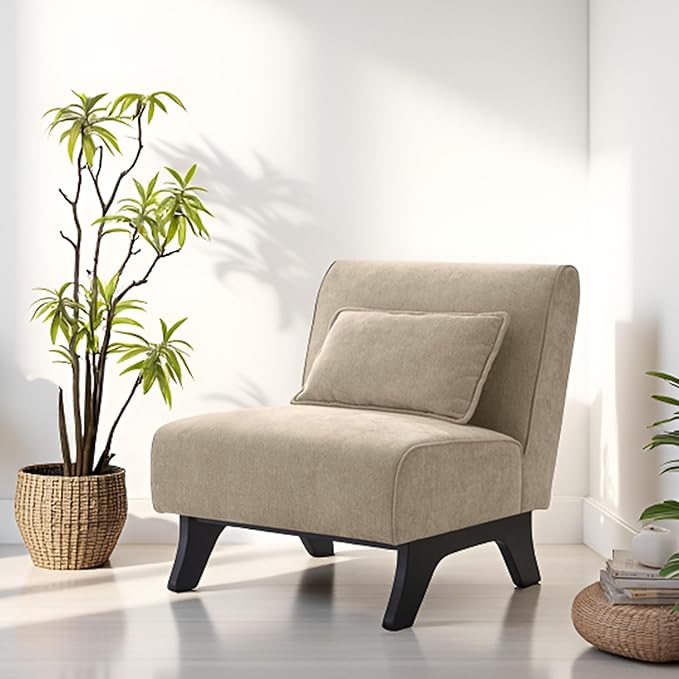 Upholstered Armless Accent ChairModern Comfy Living Room Chairs with Wooden Legs&amp PillowsLounge Sofa Side Chair for Bedroom Farmhouse Reading (Brown 1 PC)
