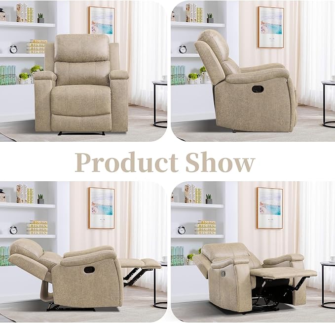 EBELLO Recliner Chair Single Overstuffed Sofa Recliner Breathable Faux Leather Manual Reclining Chairs with Hidden Cup Holder Arm and Back for Adults Living Room Bedroom Beige