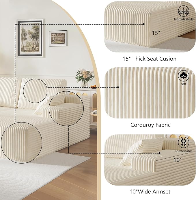 79 Double Oversized Chaise Lounge Chair Indoor Corduroy Comfy Boneless Loveseat Sleeper Sofa Reading Chairs Cloud Couch BedDeep Seat Wide ArmrestNo Assembly Required for Living Room Bedroom