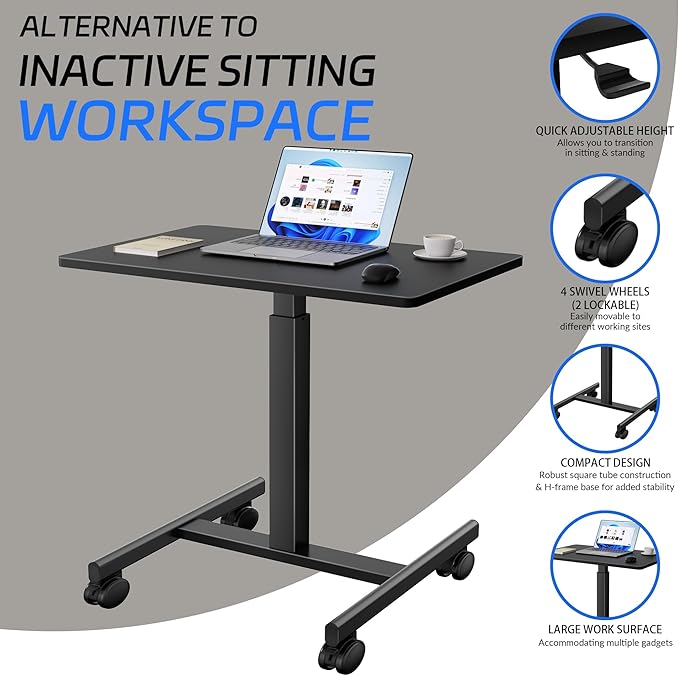 Mobile Laptop Standing Desk Adjustable Height Small Mobile Desk Workstation with Wheels Portable Rolling Computer Desk Cart for Home Office Classroom (Black)