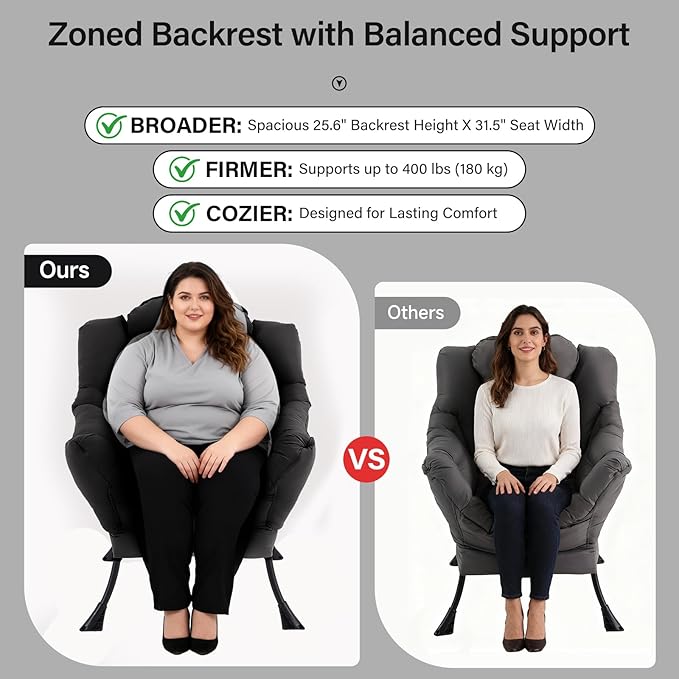 Lazy Chair with Ottoman Modern Accent Chair with Lumbar Pillow Black Sofa Armchairs with Folding Footrest Oversized Supportive Chairs for Bedroom Reading