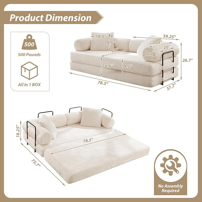 Folding Sofa Bed Convertible Corduroy Comfy Loveseat Sleeper Bed Modular Foam Compression Sofa Couch Floor Lazy Chaise Lounge for Guest Room Living Room Studio (Beige)