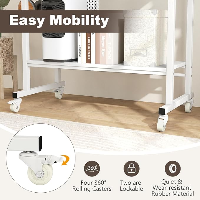 Tangkula Rolling Computer Desk Cart with Keyboard Tray Mobile Portable Laptop PC Desk with CPU Stand &amp 3 Hooks for Sofa &amp Bed Compact Small Desk on Wheels for Small Spaces (White)