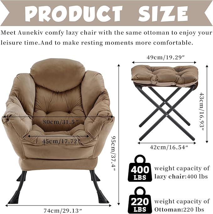 Lazy Chair with Ottoman Comfy Accent Lounge Chair with Side Pocket Modern Reading Armchair with Footrest Upholstered Sofa Chair for Small Spaces Bedroom Living Room Dorm Brown