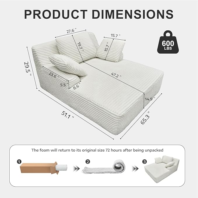 Oversized Chaise Lounge Chair Indoor Corduroy Upholstered Boneless Sofa Bed Deep Seat Sleeper Couch Reading Chairs Cloud Sofas for Living Room No Assembly Required (Beige Single Size)