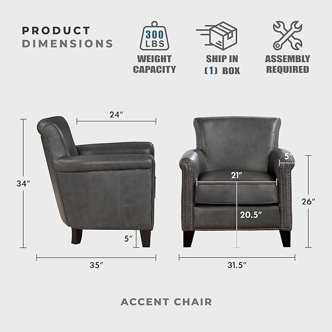 Lexicon 100% Top Grain Genuine Leather Chair Leather Accent Chairs for Living Room Solid Wood Frame Rolled Armrest &amp Nailhead Trim Comfy Reading for Bedroom Office Waiting Room Classic Gray