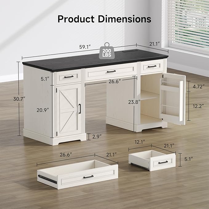 ONBRILL 59 inch Farmhouse Executive Desk with Drawers Home Office Desk with File Cabinet Outlets Storage Cabinet Keyboard Tray Wood Computer Desk for Work Study Writing (Off White &amp Black)