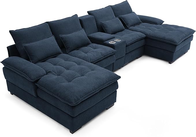 KEIKI 130 U-Shaped 6 seat Sofa with Storage Console Cup Holders Upholstered Sectional Sofa Button Tufted Cloud Cushion Couch for Home Office Apartment Blue
