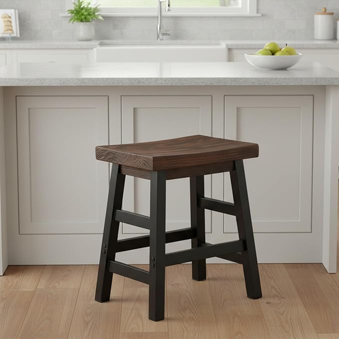Alaterre Furniture Pomona Rustic Industrial Barstool – 20” Backless Counter Stool with Solid Pine Wood Seat and Black Metal Legs – Farmhouse Seating for Dining Room Kitchen or Office (Natural/Black)
