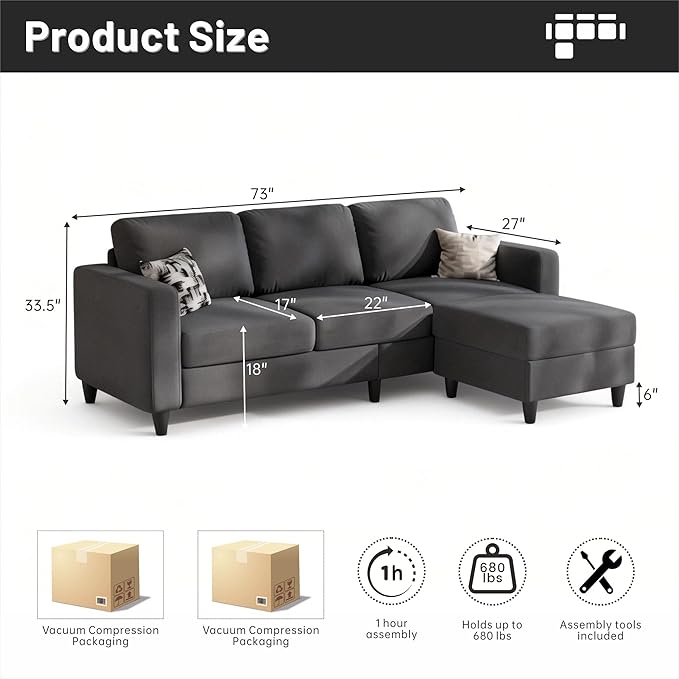 73 Small Sectional Sofa with Reversible Chaise Linen Fabric L-Shaped Couch with Solid Oak &amp Iron FrameHigh-density Sponge Spring Seat CushionRemovable Sofa Cover Compact Apartments and Studios