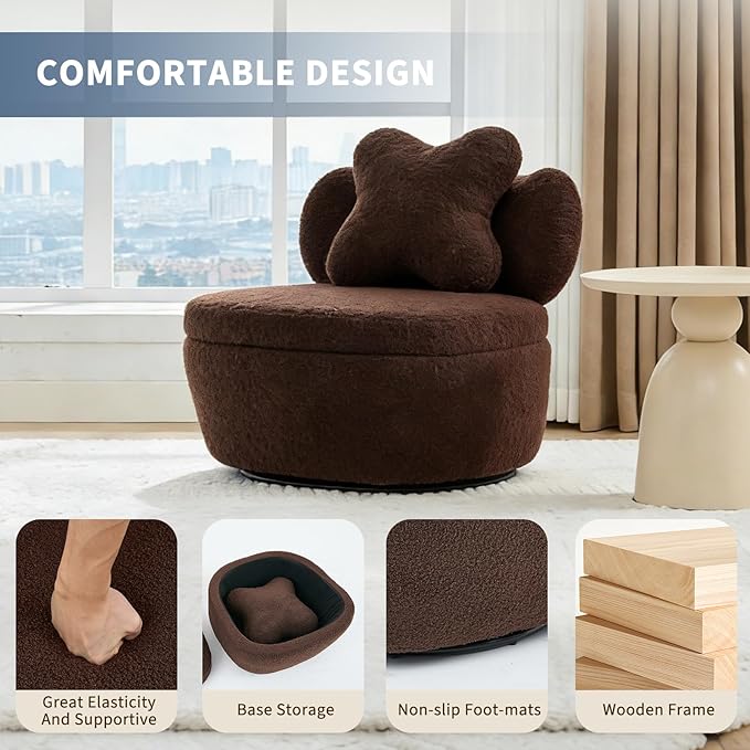 Teddy Velvet Swivel Accent Chair with Storage 360° Rotating Ergonomic Single Chair Scratch-Resistant Comfy Sofa for Living Room Bedroom Small Space Holds 300 LBS Coffee