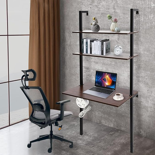 Wall Mounted Desk Floating Laptop Desk with 2 Storage Shelves Industrial Ladder Desk Wall Table Creative Hanging DeskMultifunctional Computer Workstation for Home Office