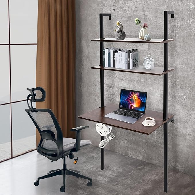 Wall Mounted Desk Computer Writing Table Industrial Wall Mount Ladder 3 Tier Computer Desk for Home Office Student Dormitories (Brown+Black)