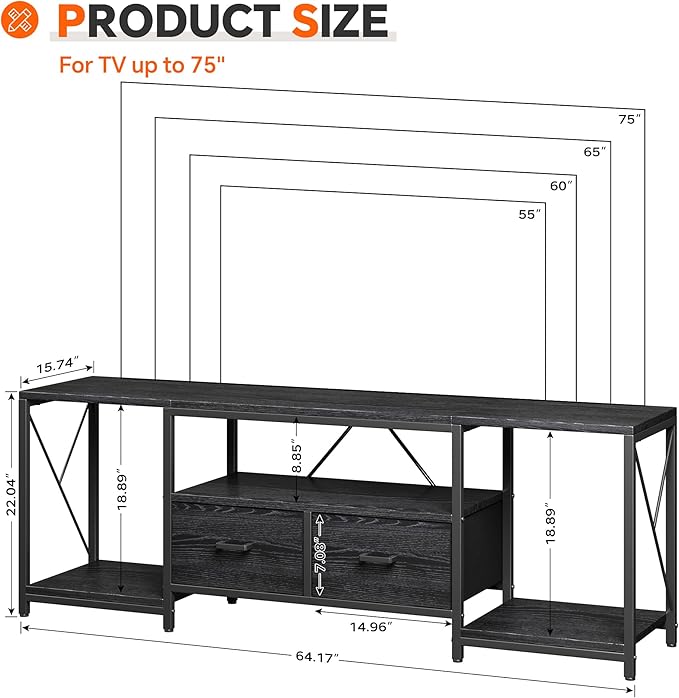 Homeiju TV Stand for TVs up to 75 Inch Entertainment Center with Fabric Drawers TV Media Console Table with Open Storage Shelves for Living Room Bedroom Black