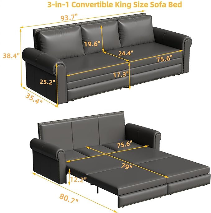 93.7 Faux Leather Convertible Sleeper Sofa 3 in 1 King Size Pull Out Sofa Bed Loveseat Couch for Living Room Bedroom Grey