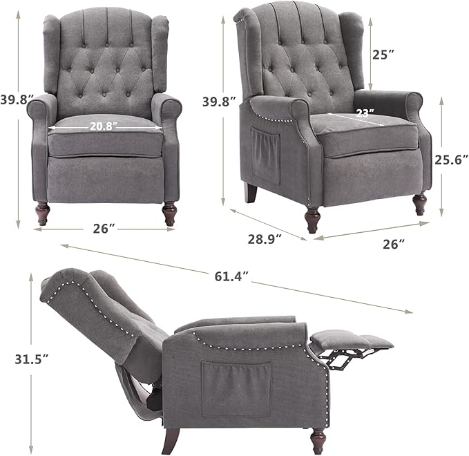 IPKIG Wingback Pushback Recliner Chair - Mid Century Recliner Armchair with Massage and Heat Rivet Decoration Button-Tufted Back Solid Wood Legs for Living Room Bedroom Office(Grey)