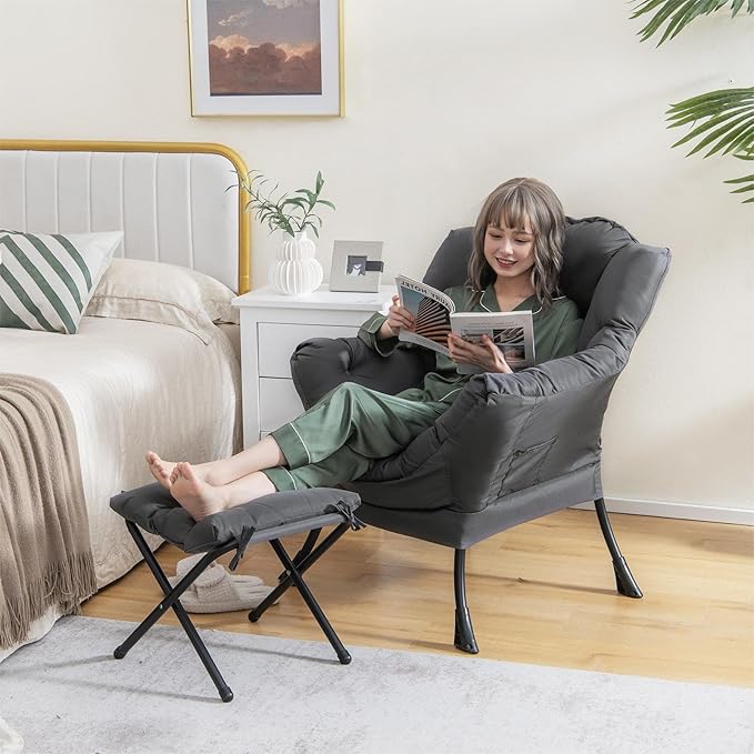 Single Lazy Sofa Chair w/Foldable Ottoman Modern Lounge Chair Indoor w/Armrest &amp Side Storage Pocket Upholstered Comfy Reading Chair for Bedroom Living Room Office