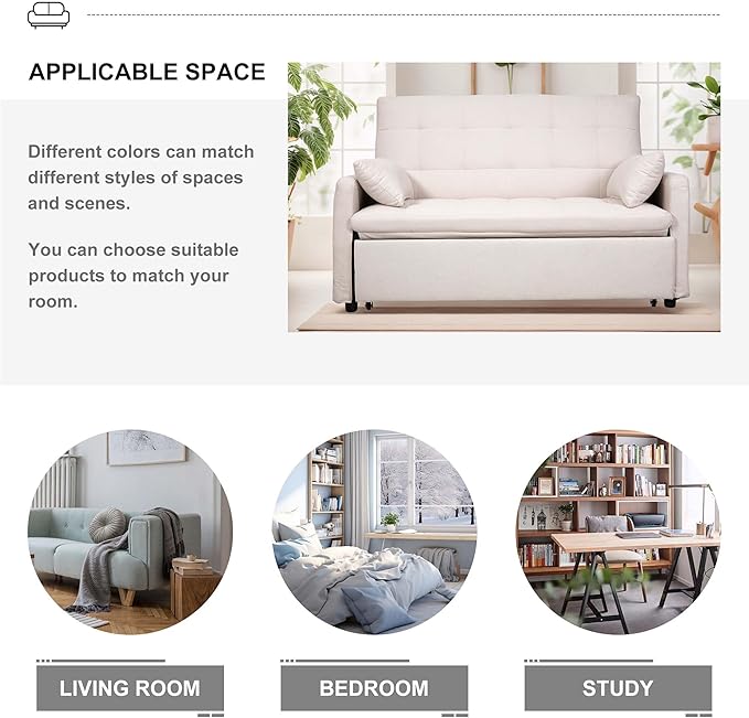 66 Beige Sofa Sleeper Loveseat Sofa Bed Queen Size Pull Out Couch with 2 Pillows Pocket &amp Adjustable Backrest Small Couch Bed for Small Spaces Bedroom Apartment Living Room | Convertible A