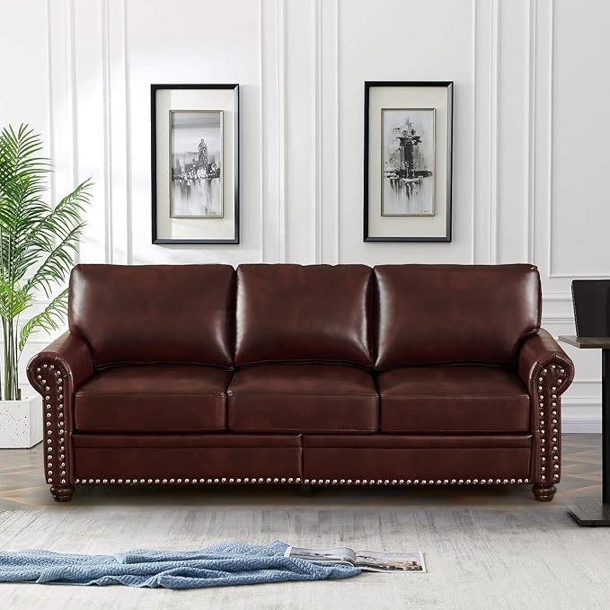 2 Piece Faux Leather Sofa SetModern Chair and Couch Sets with StorageMid Century Couch with Rivet Rolled ArmComfy Deep Seat SofaFurniture for Living RoomOffice(Armchair+3 SeaterBurgundy)