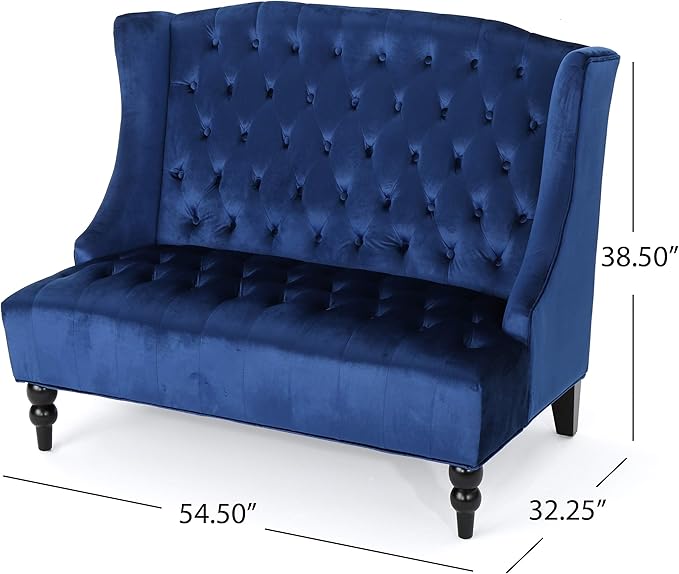 GDFStudio Modern Glam Tufted Velvet Wingback Loveseat Navy Blue and Dark Brown