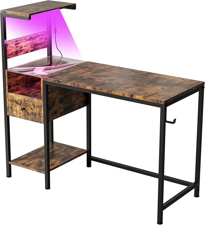 Computer Desk with Power Outlet &amp Storage Shelves Study Writing Table with USB Ports Charging Station PC Desk Workstation for Home Office Brown