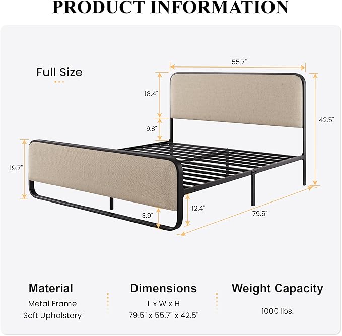 SHA CERLIN Full Size Platform Metal Bed Frame with Curved Upholstered Headboard and Footboard Large Under Bed Storage No Box Spring Needed Modern Beige
