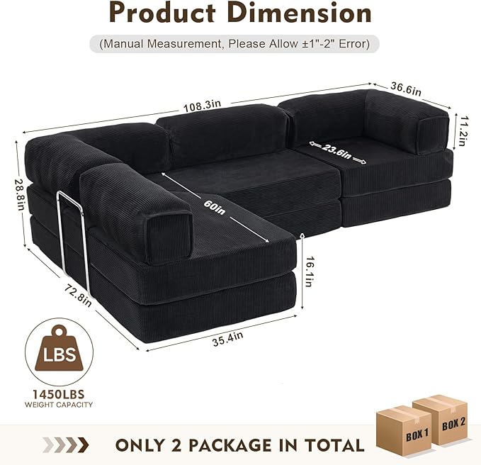 108 L Shaped Couch Modular Sectional Sofa with Chaise Cloud Boneless Couch with Deep Seat &amp Removable Pillow for Living Room BedroomNo Assembly Required（Black）